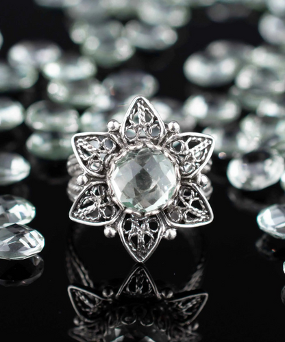 Silver cocktail ring featuring filigree art, prasiolite gemstone daisy flower design, crafted by Start2Finish jewelry.