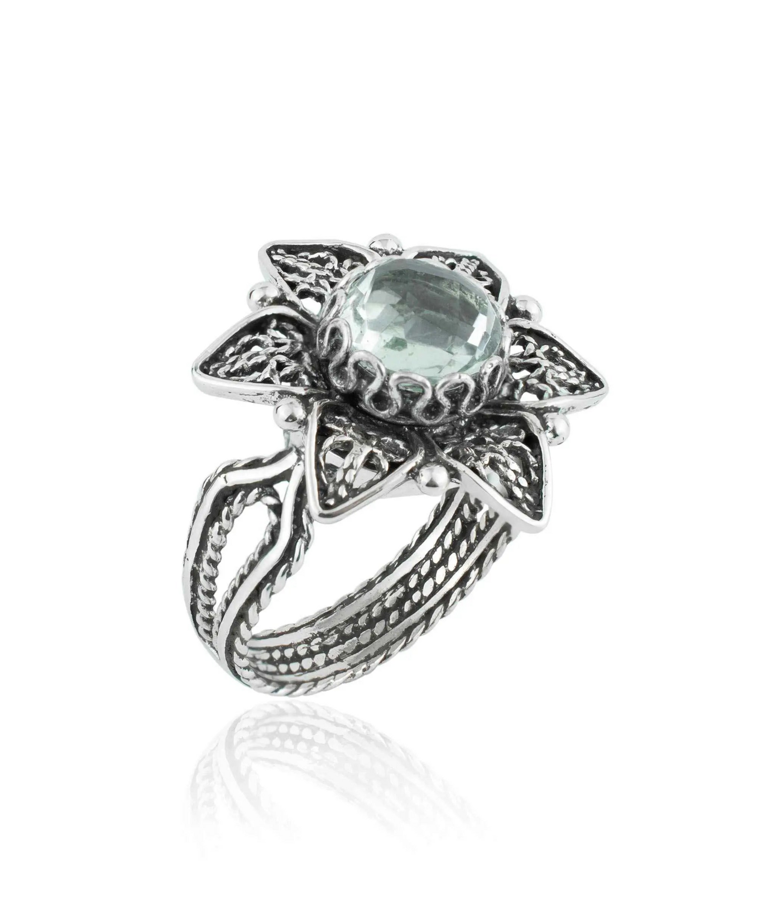 Silver cocktail ring featuring a filigree art prasiolite gemstone daisy flower design for women.