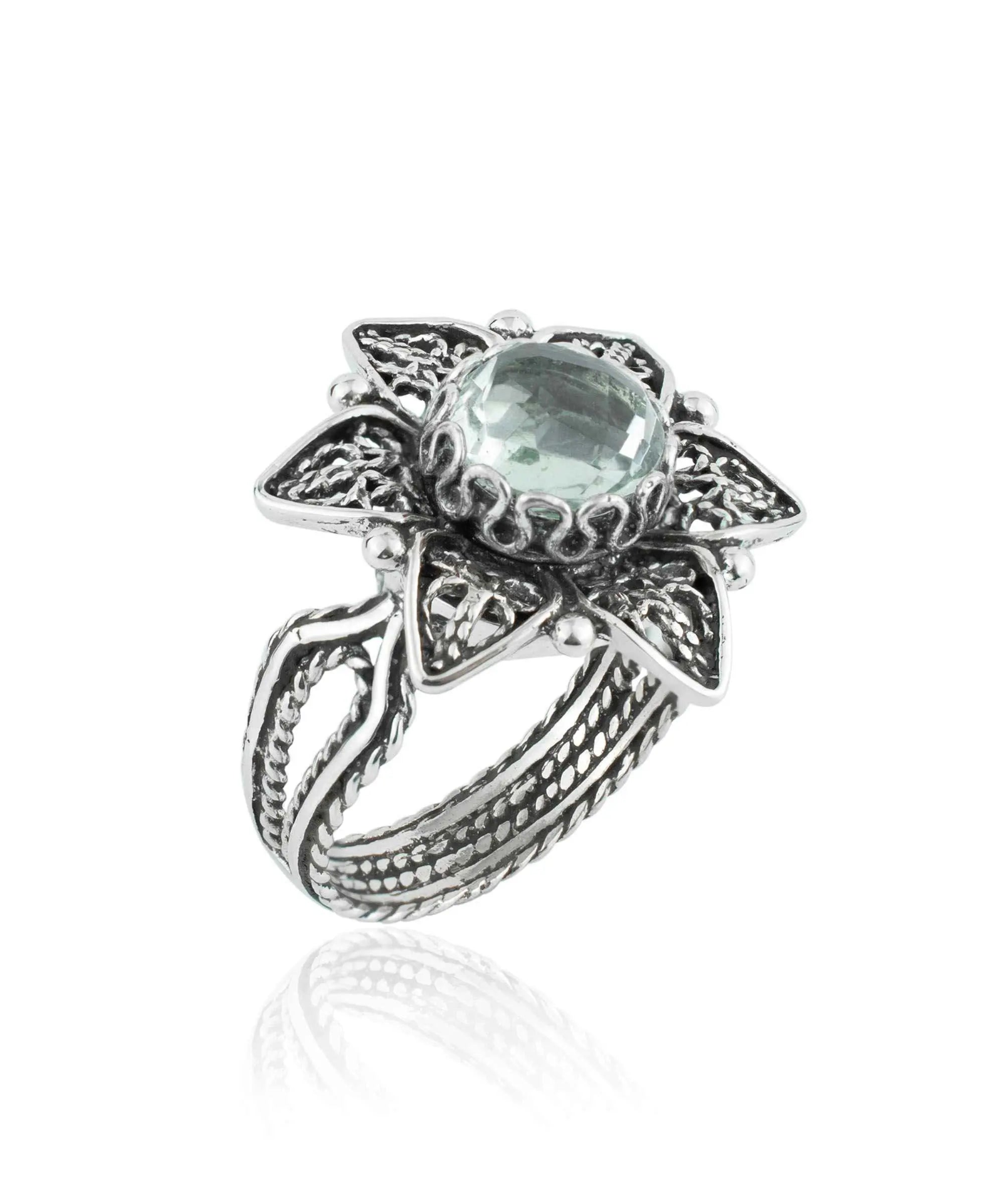 Silver cocktail ring featuring a filigree art prasiolite gemstone daisy flower design for women.