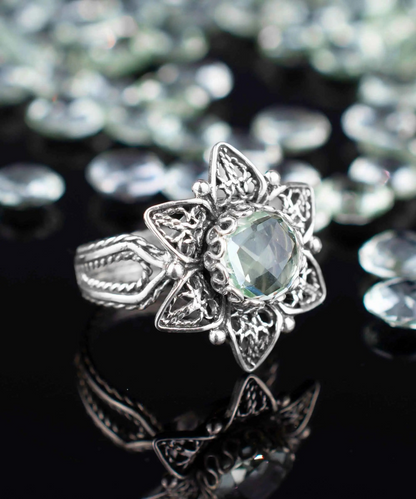 Silver cocktail ring featuring a filigree design with a prasiolite gemstone shaped like a daisy flower for women.