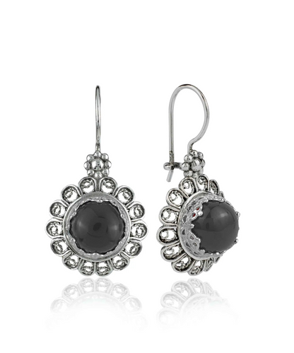 Silver drop earrings with black onyx gemstones and intricate filigree flower designs for women.