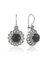 Silver drop earrings with black onyx gemstones and intricate filigree flower designs for women.