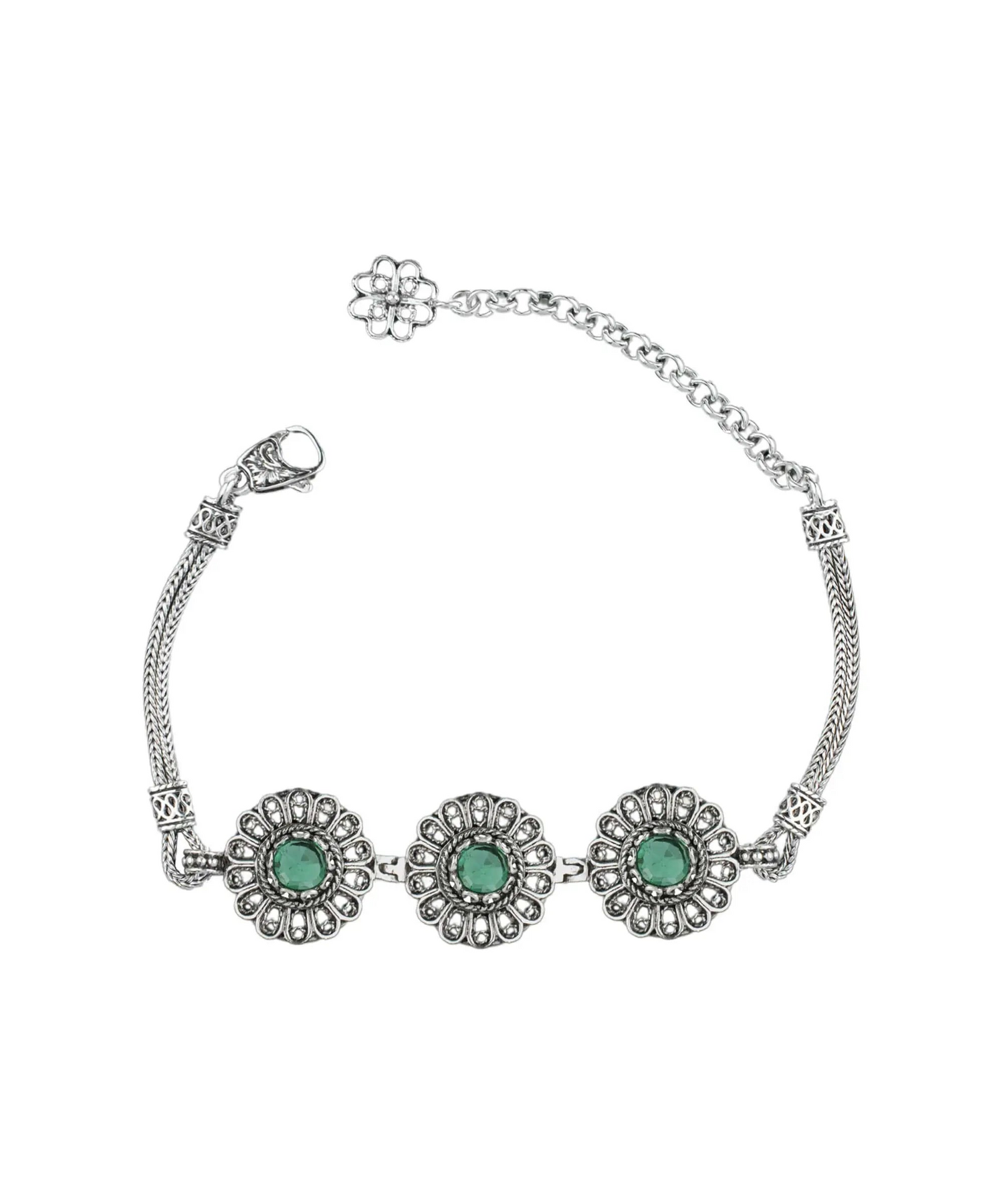 Silver link bracelet with intricate filigree design and emerald gemstones for women, crafted by Start2Finish jewelry brand.