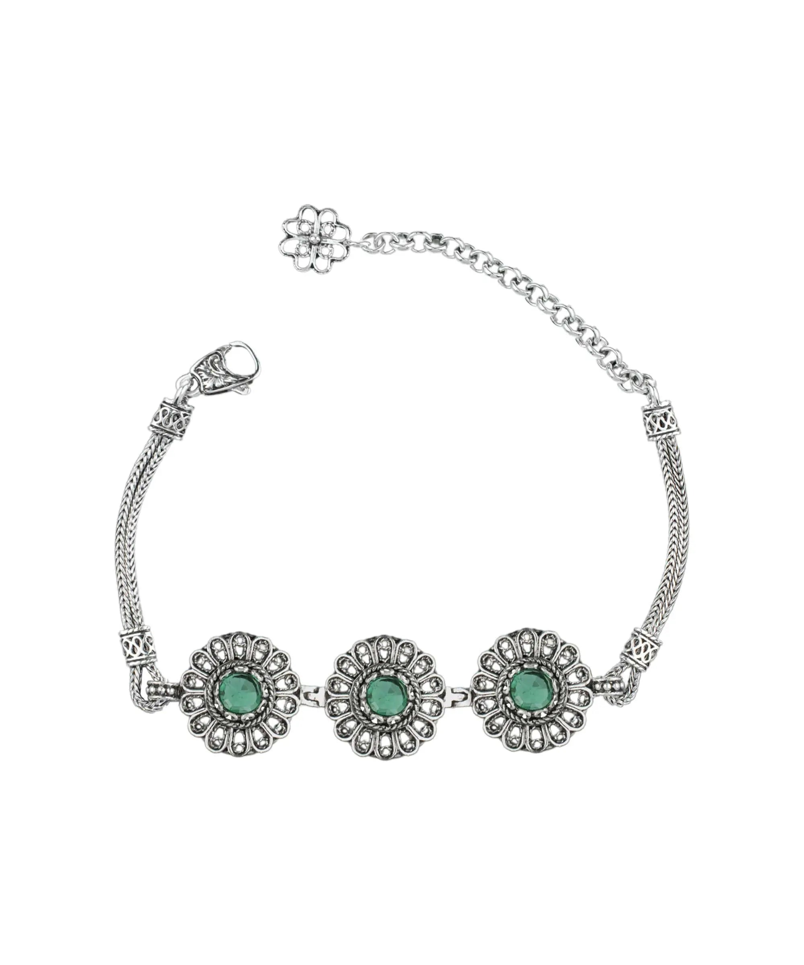 Silver link bracelet with intricate filigree design and emerald gemstones for women, crafted by Start2Finish jewelry brand.