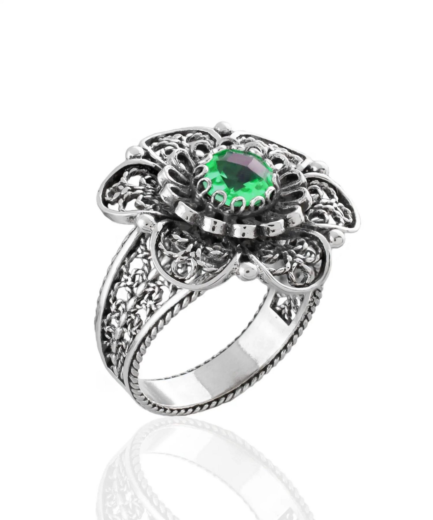 Silver statement ring with intricate filigree design and emerald gemstone for women, crafted by Start2Finish jewelry brand.