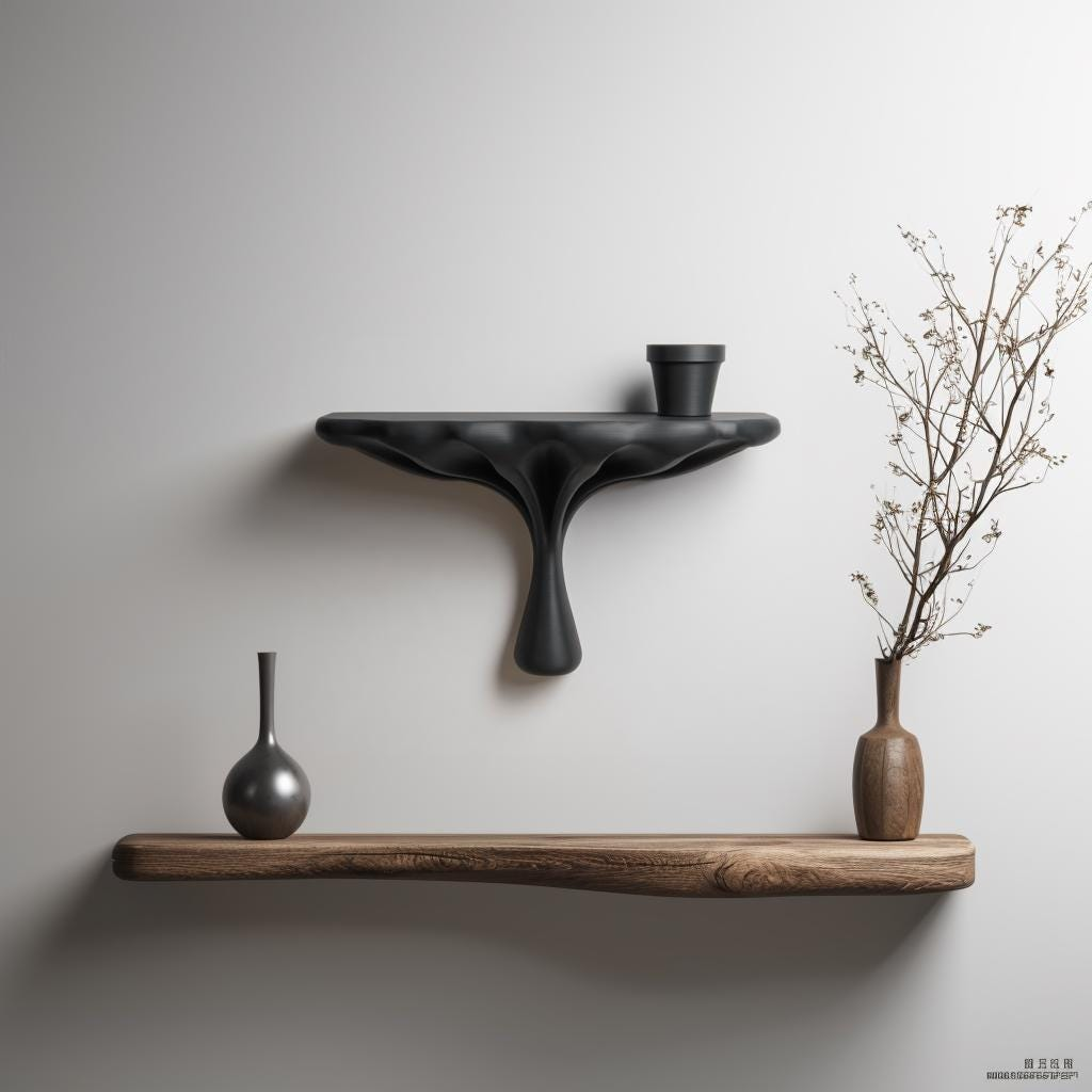 Dark modern 3D printed sculptural wall shelf with organic curves, perfect for minimalist, contemporary home interior decor.