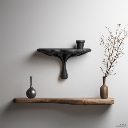 Dark modern 3D printed sculptural wall shelf with organic curves, perfect for minimalist, contemporary home interior decor.