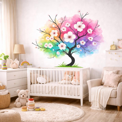 Colorful watercolor rainbow tree decal with blossoms, vibrant wall art for home decor by Start2Finish.