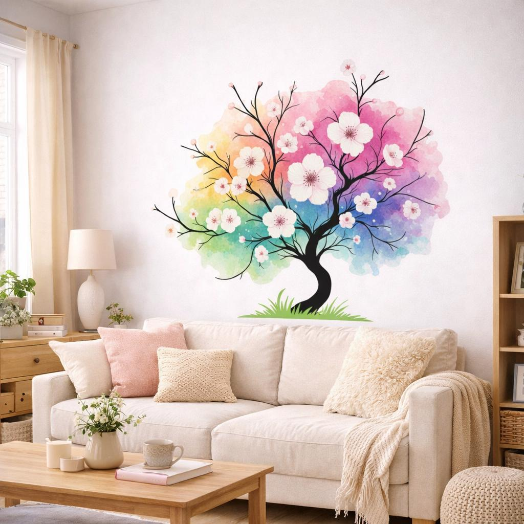 Colorful watercolor rainbow tree decal with blooming blossoms, vibrant green leaves, and a whimsical design for home wall decor.