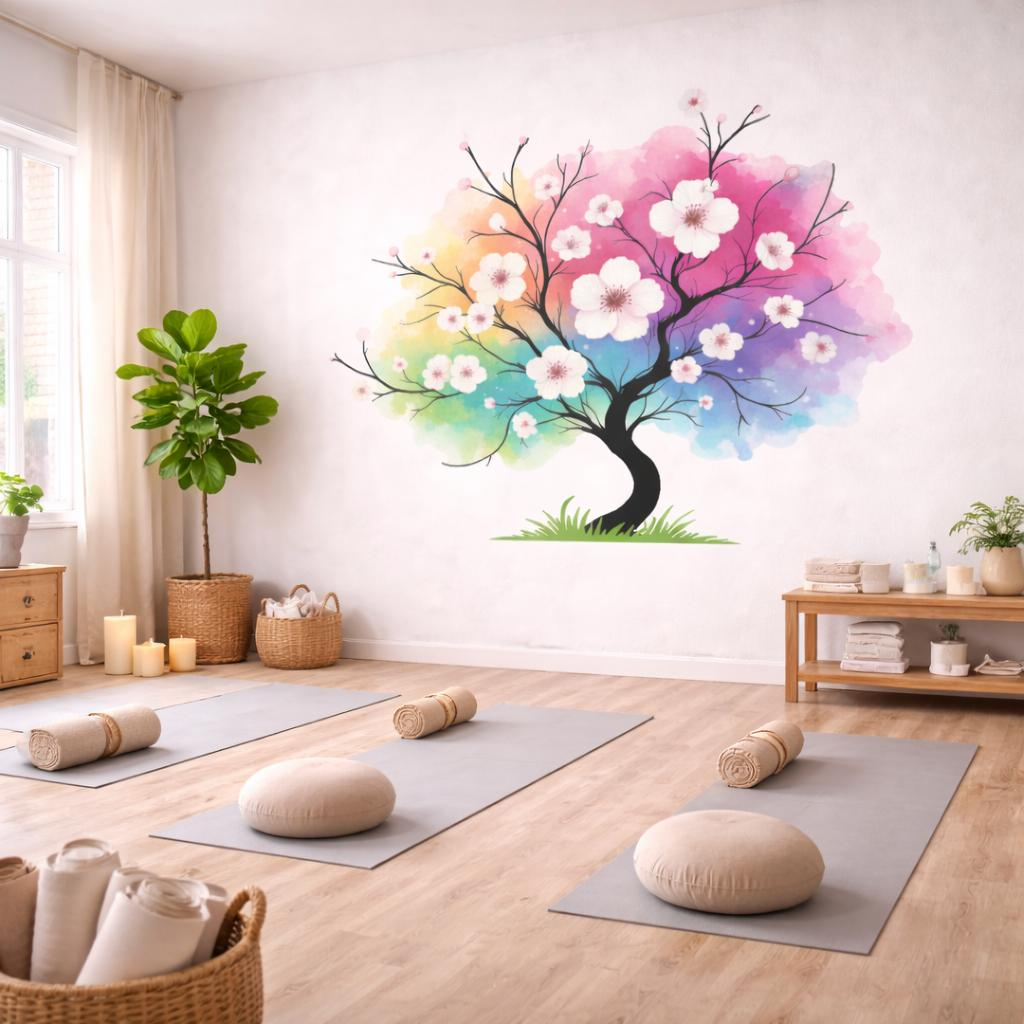 Colorful watercolor rainbow tree decal with blossom details, vibrant wall art for home decor by Start2Finish