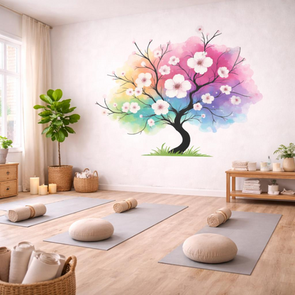 Colorful watercolor rainbow tree decal with blossom details, vibrant wall art for home decor by Start2Finish