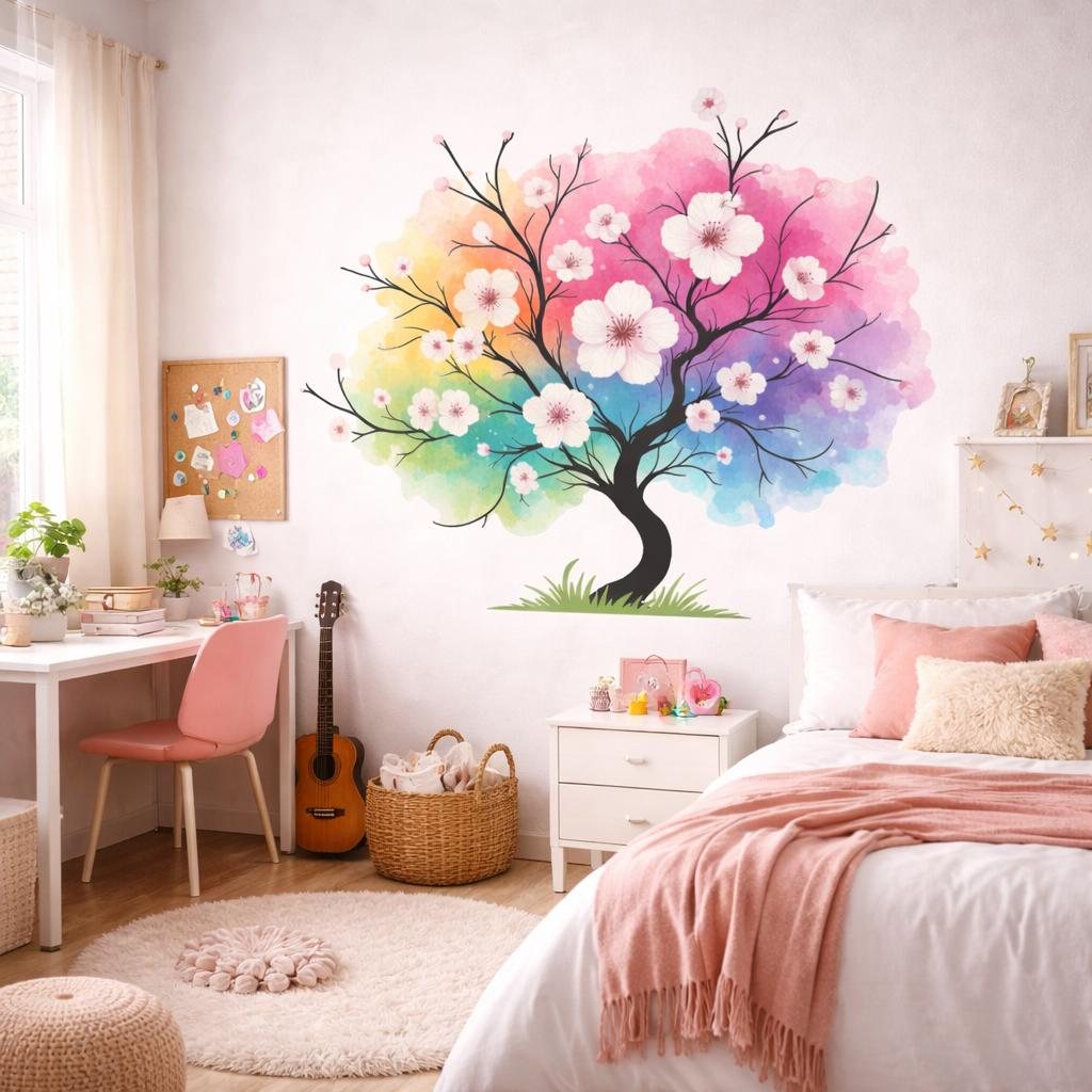 Colorful watercolor rainbow tree decal with blossom design, vibrant wall art for home decor by Start2Finish