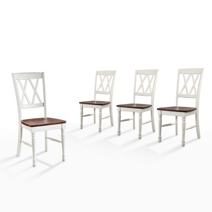 Set of four Shelby dining chairs by Start2Finish, showcasing wooden legs and upholstered seats in a modern dining room setting.