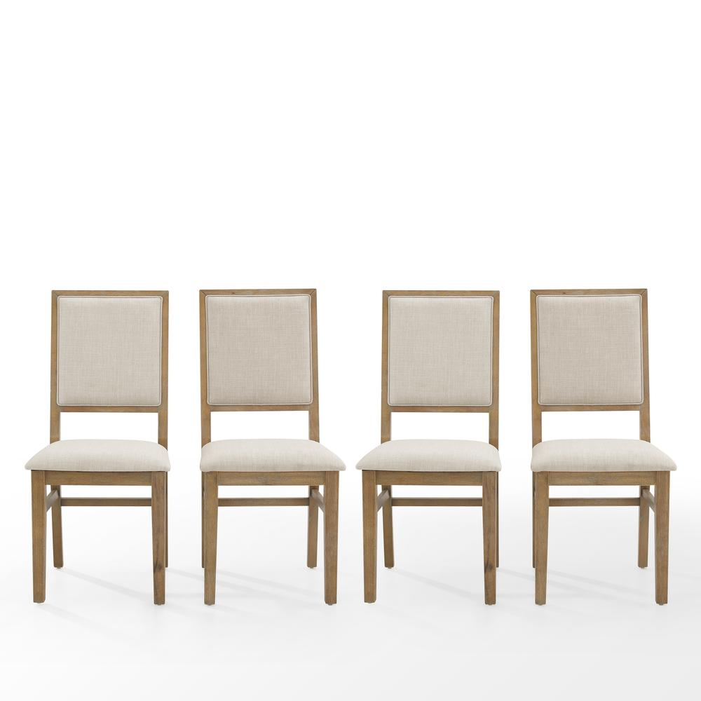 Set of four Joanna upholstered back dining chairs by Start2Finish, featuring cushioned seats and stylish wooden legs.