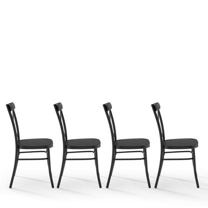 Set of four Start2Finish Camille metal dining chairs with sleek, modern design and comfortable seat cushions.