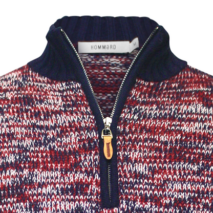 Start2Finish cashmere half-zip sweater in melange red navy and white, featuring a cozy fit and stylish design.