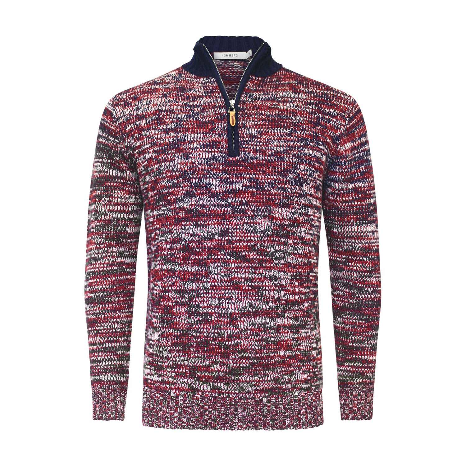 Start2Finish cashmere half zip sweater in melange red, navy, and white with a high collar and cozy knit texture.