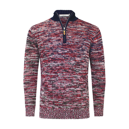 Start2Finish cashmere half zip sweater in melange red, navy, and white with a high collar and cozy knit texture.