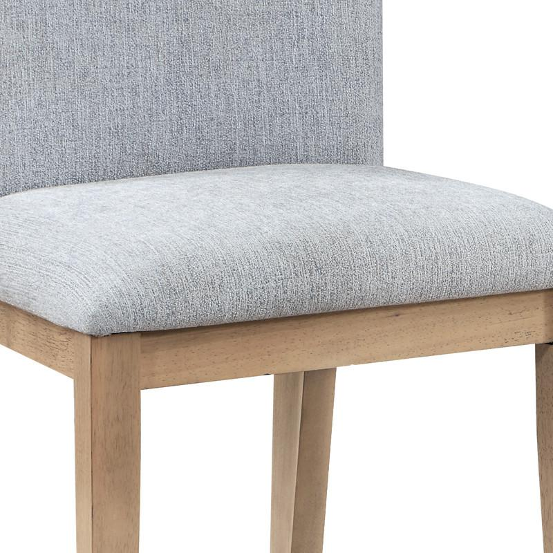 Pair of gray linen and oak finish dining chairs from Start2Finish Caspian set, featuring modern design and comfortable seating.