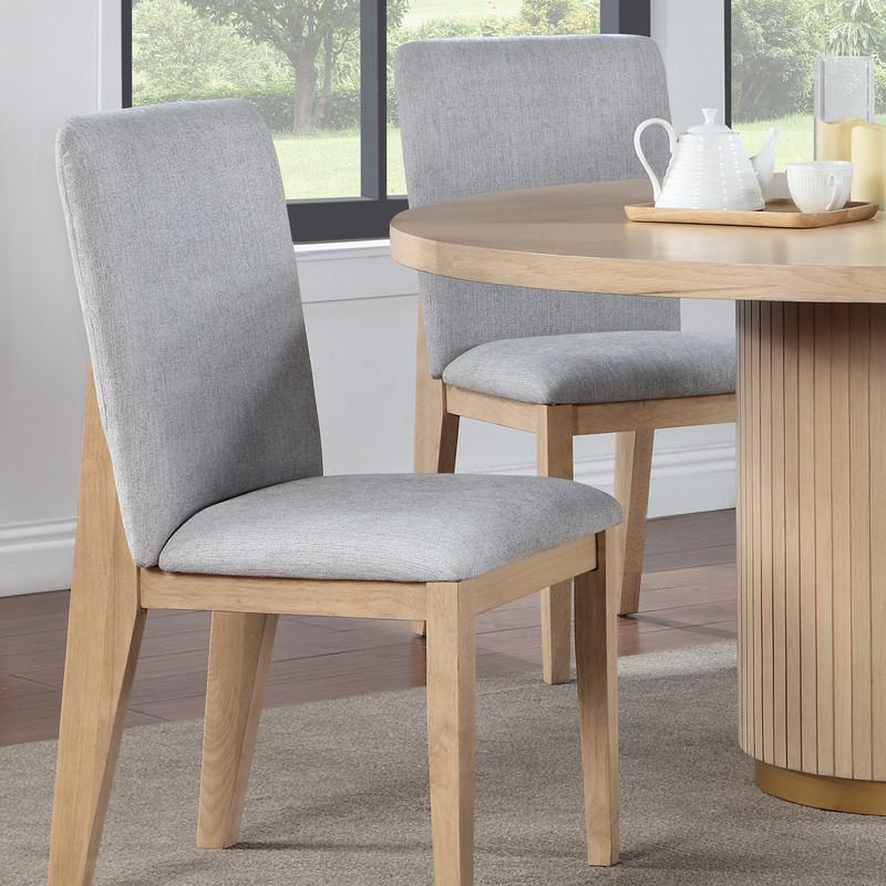 Set of 2 gray linen and oak finish dining chairs by Start2Finish with a modern design and wooden legs.