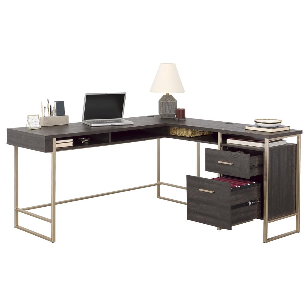 Walter Heights L Desk in Blade Walnut finish by Start2Finish, showing the sleek walnut wood surface and modern L-shaped design.