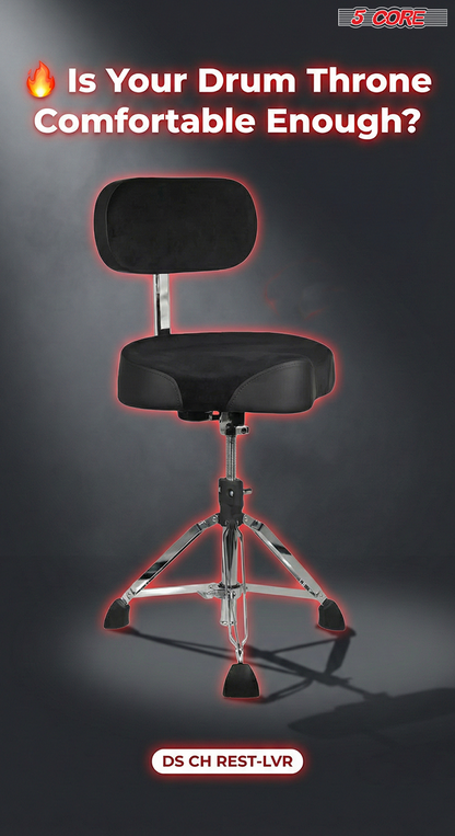 Start2Finish 5 Core Drum Throne with 4-inch padded seat, backrest, and airlift adjustable height for ergonomic comfort.