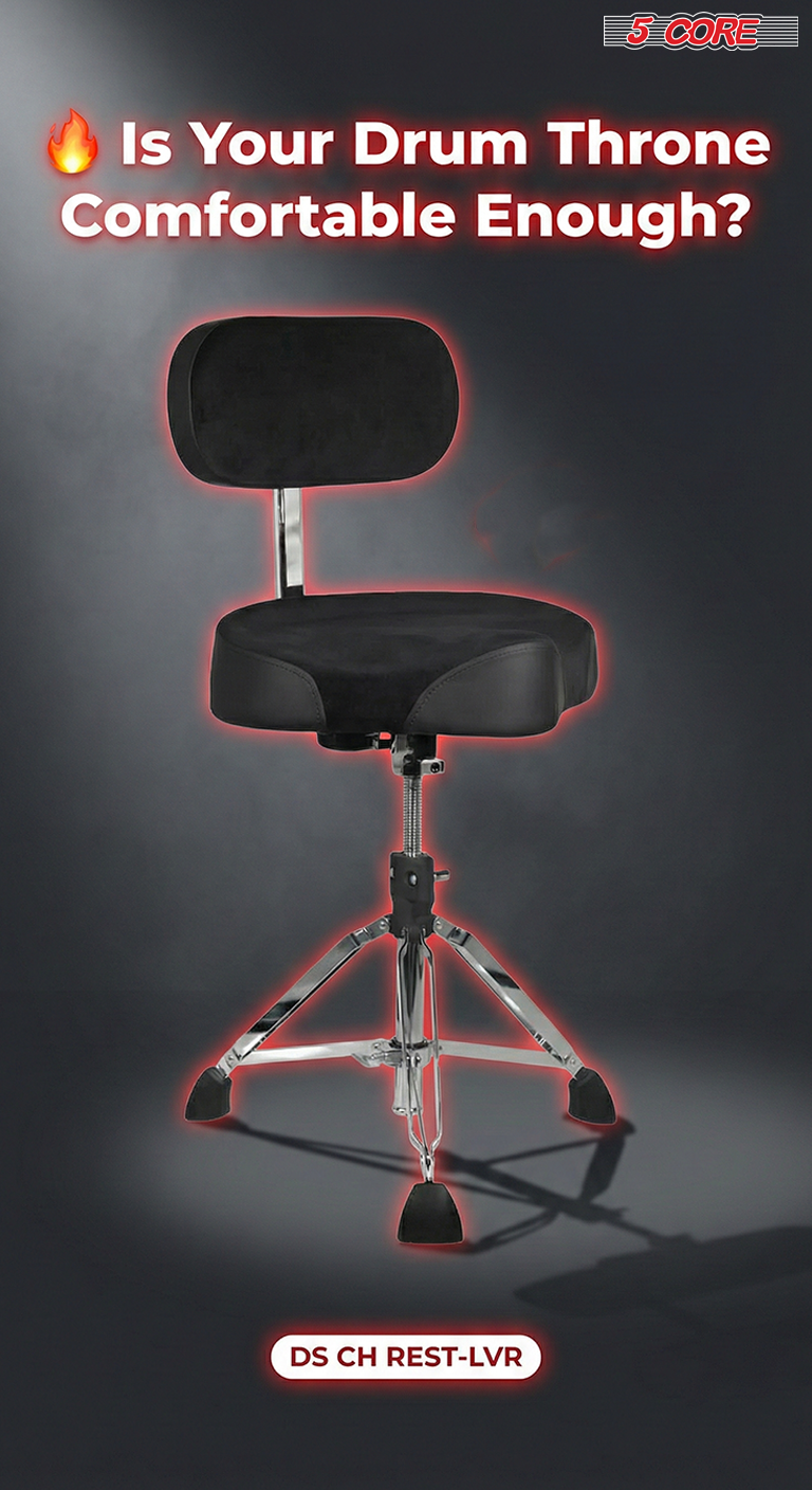 Start2Finish 5 Core Drum Throne with 4-inch padded seat, backrest, and airlift height adjustment for ergonomic comfort.
