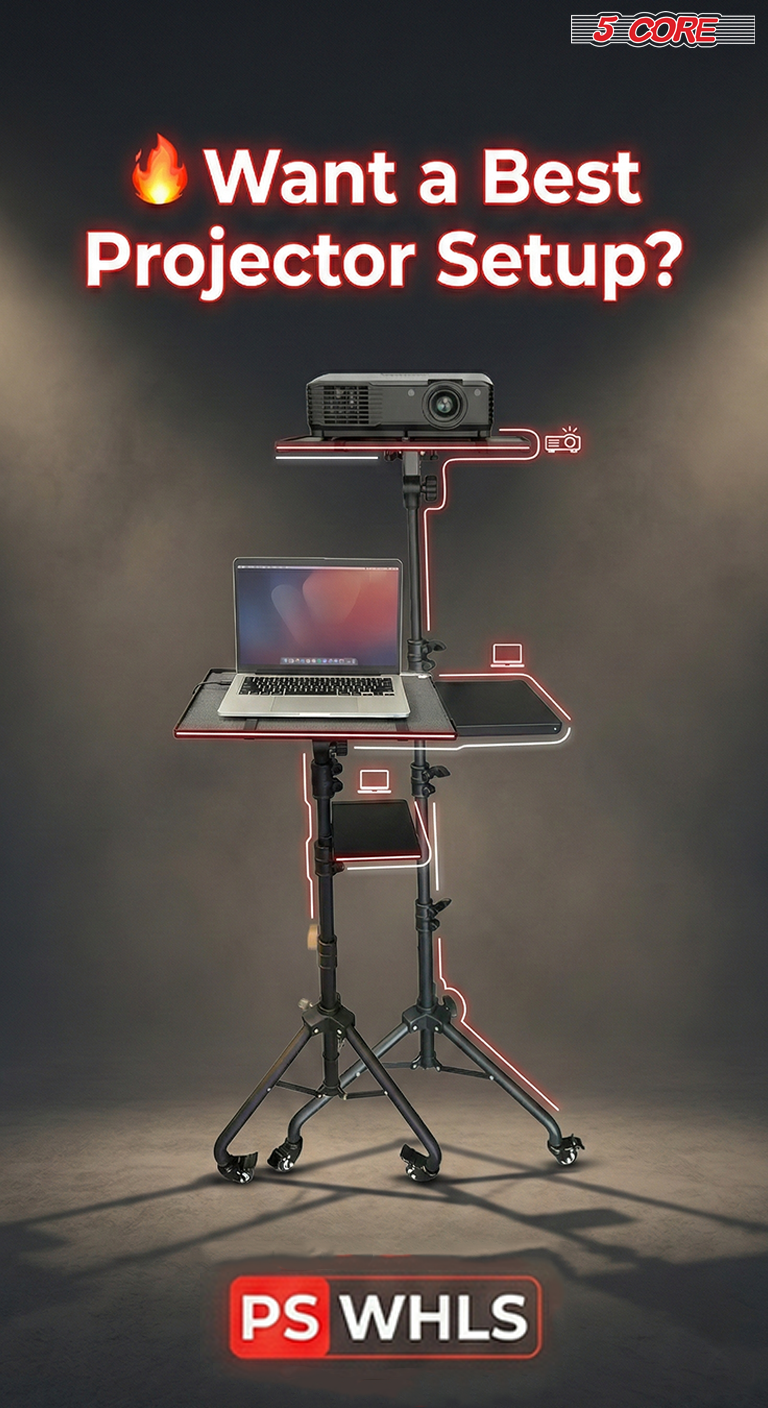 Start2Finish adjustable projector stand with two shelves, phone holder, portable tripod, 29.5 to 71 inches for electronics setup