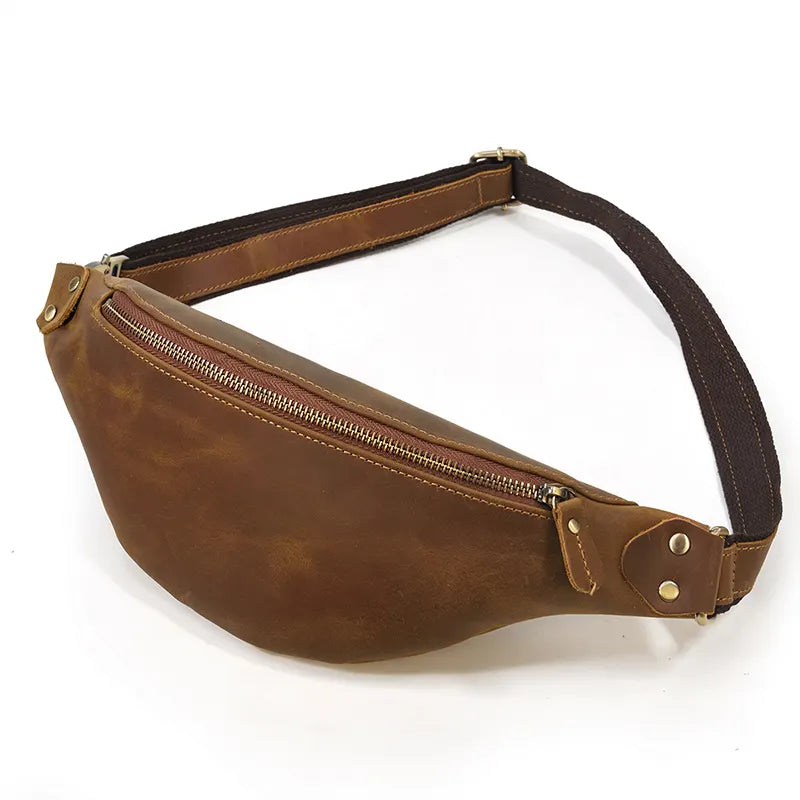Start2Finish Wagner Leather Waist Bag showing full grain leather fanny pack with adjustable strap and compact design.