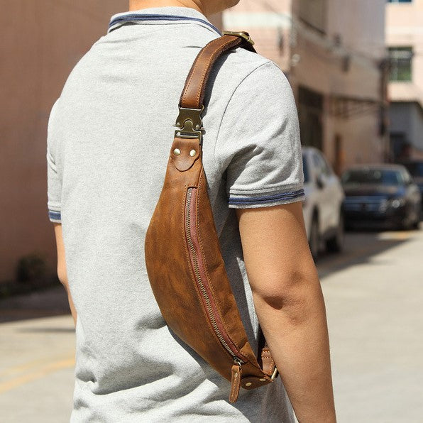 Start2Finish Wagner leather waist bag showing full grain leather fanny pack with adjustable strap and compact design.