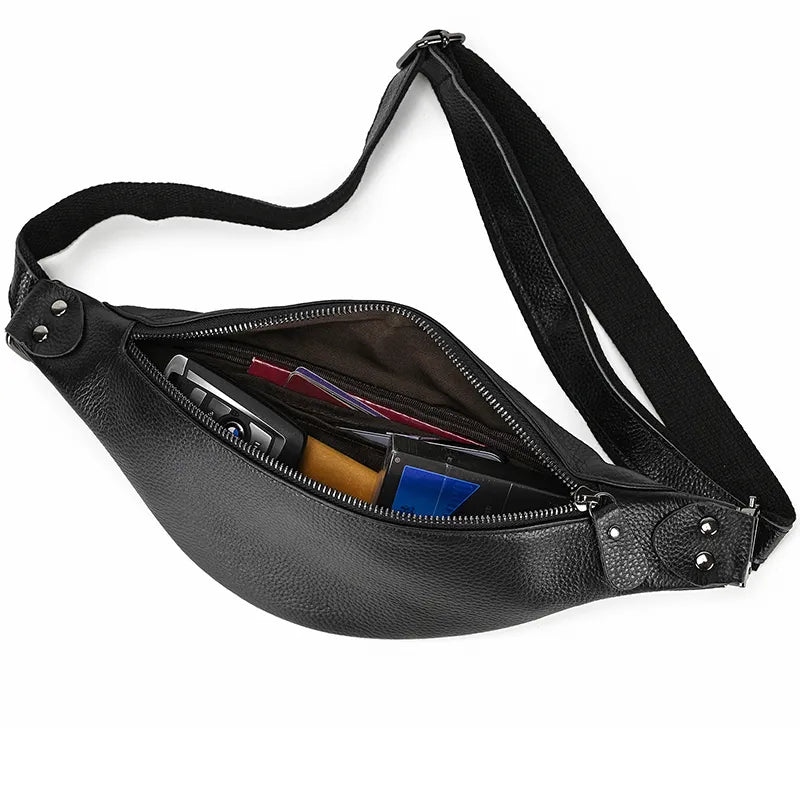 Black leather waist bag by Start2Finish, The Walcott Leather Fanny Pack with adjustable strap and compact design for accessories.