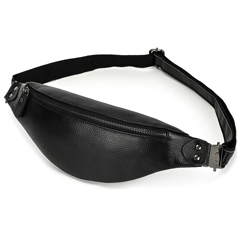 Black leather waist bag from Start2Finish, The Walcott Leather Waist Bag, featuring a sleek design and adjustable strap.