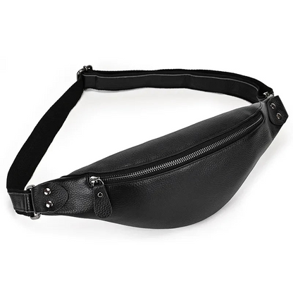 Black leather Walcott waist bag by Start2Finish, a stylish leather fanny pack with adjustable strap and front pocket.