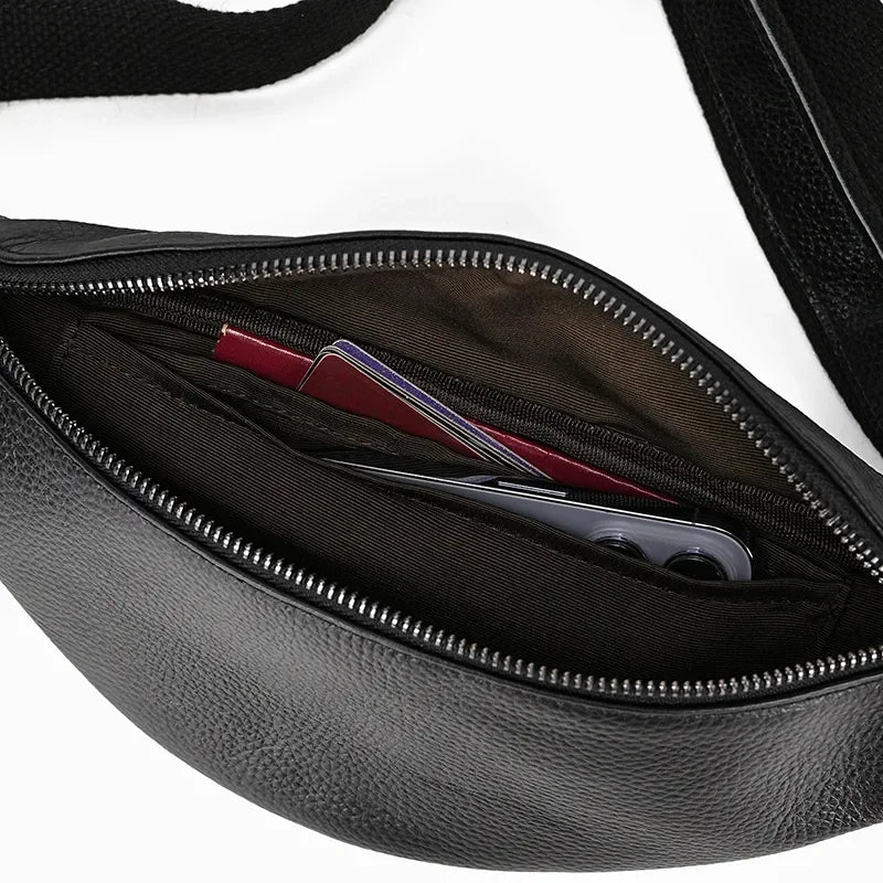 Black leather waist bag from Start2Finish, The Walcott Leather Fanny Pack, featuring a compact design and adjustable strap.