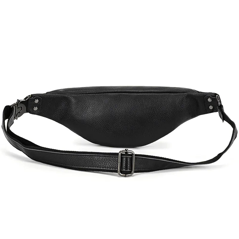 Black leather Walcott waist bag by Start2Finish, stylish leather fanny pack with adjustable strap and compact design for accessories.