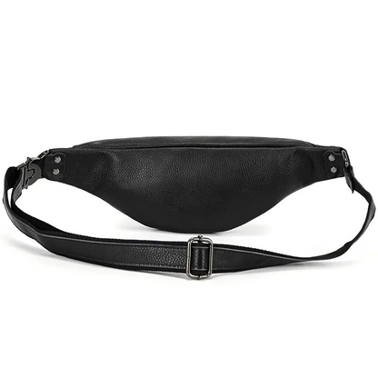 Black leather Walcott waist bag by Start2Finish, stylish leather fanny pack with adjustable strap and compact design for accessories.