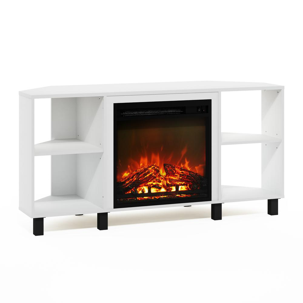 Start2Finish Jensen corner fireplace TV stand in solid white with four open compartments, designed for modern living rooms.