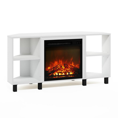 Start2Finish Jensen corner fireplace TV stand in solid white with four open compartments, designed for modern living rooms.