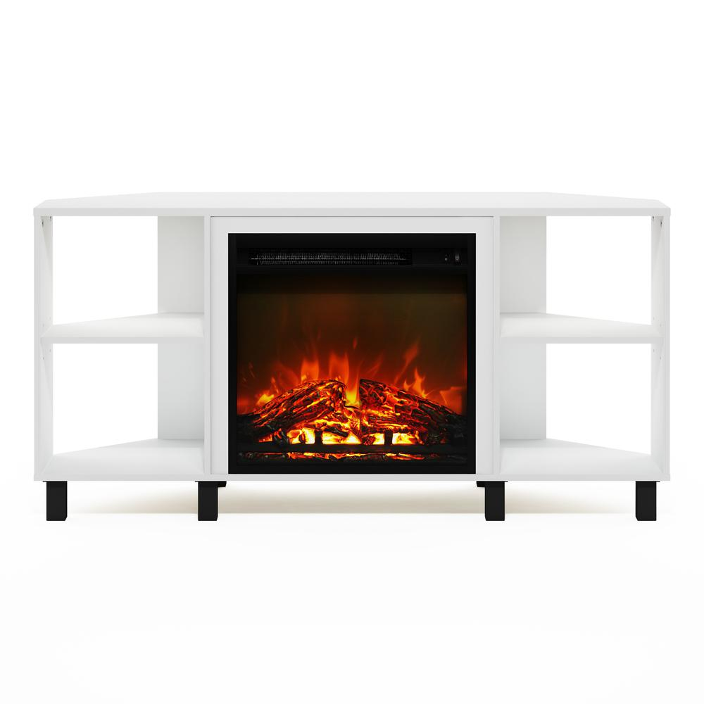 Start2Finish Jensen corner fireplace TV stand in solid white with four open compartments and a built-in electric fire feature.