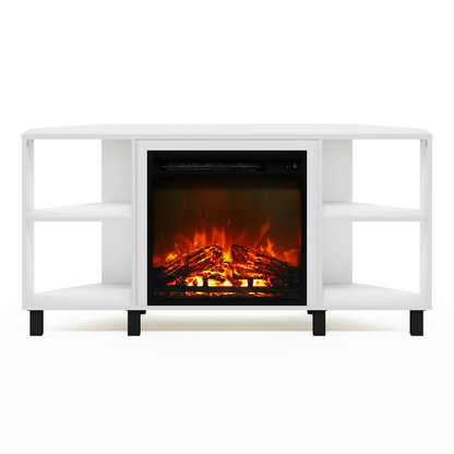 Start2Finish Jensen corner fireplace TV stand in solid white with four open compartments and a built-in electric fire feature.