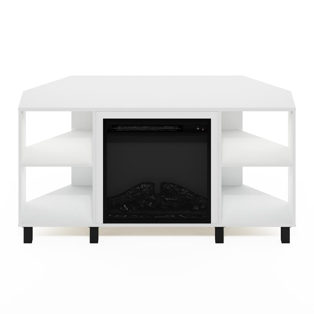 Start2Finish Jensen corner fireplace TV stand in solid white with four open compartments, designed for modern living room furniture.