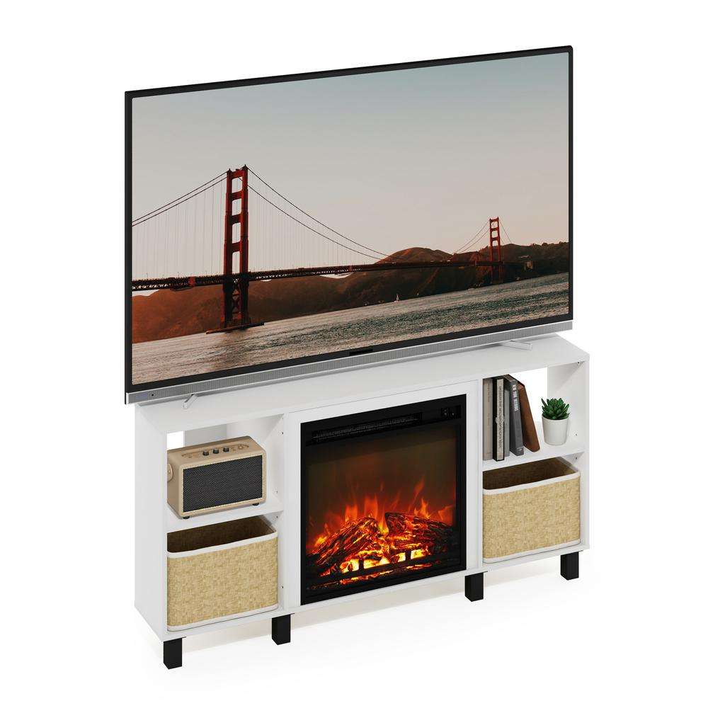 Start2Finish Jensen corner fireplace TV stand in solid white with four open compartments, showcasing modern furniture design.