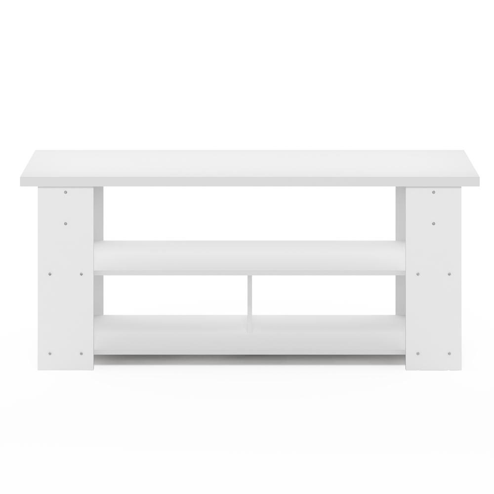 White JAYA TV stand for up to 55-inch TVs by Start2Finish, featuring a sleek modern design with open shelving.