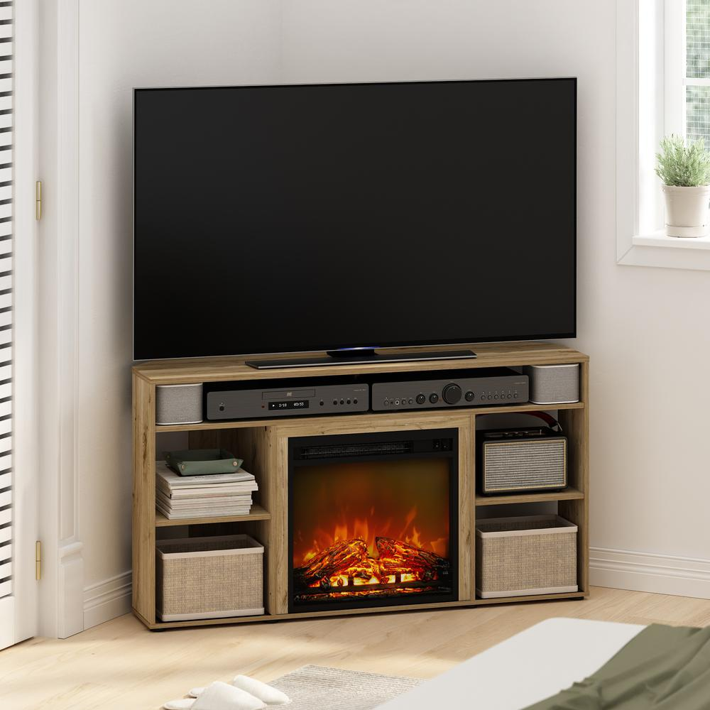 Jensen Corner TV Stand with fireplace for up to 55-inch TVs, in Flagstaff Oak, by Start2Finish, showing storage shelves and electric fireplace