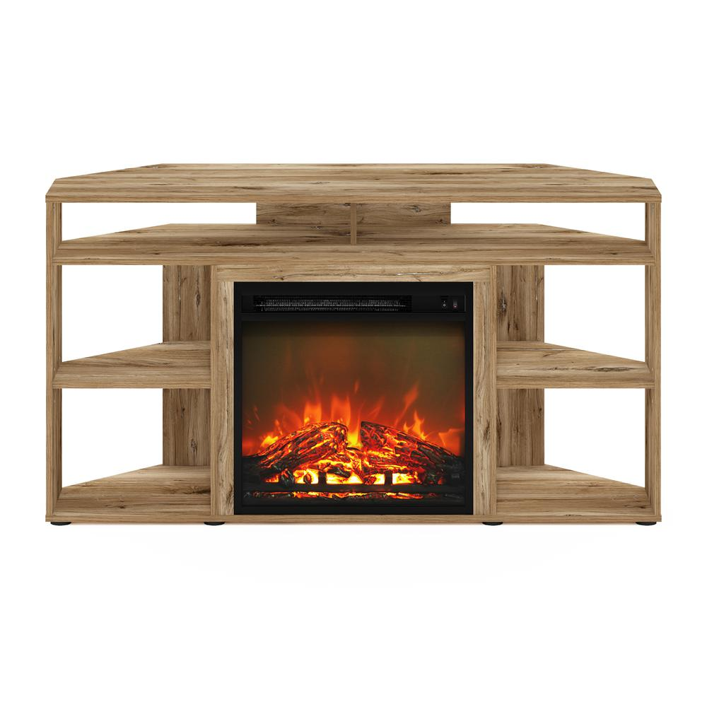 Jensen corner TV stand with fireplace for 55-inch TVs, in Flagstaff Oak finish, by Start2Finish, featuring storage compartments and a modern design.