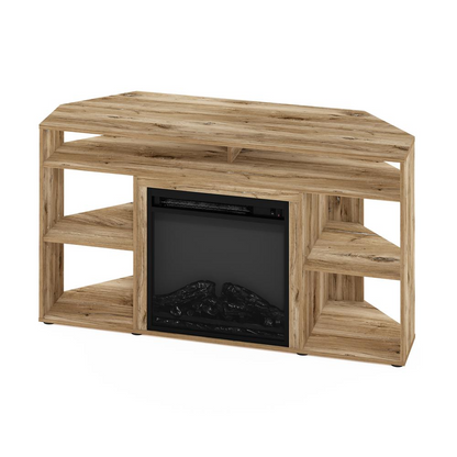 Start2Finish Jensen Corner TV Stand with fireplace for 55-inch TVs in Flagstaff Oak, showing the stand&