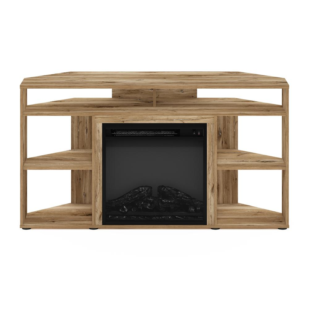 Jensen corner TV stand with fireplace in Flagstaff Oak finish, designed for TVs up to 55 inches, from Start2Finish.