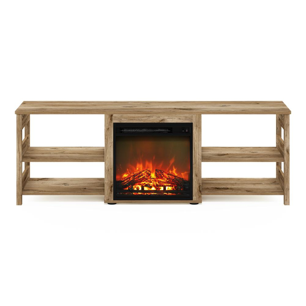 Start2Finish Classic 70-inch TV stand with fireplace in Flagstaff Oak finish, featuring storage cabinets and modern design.
