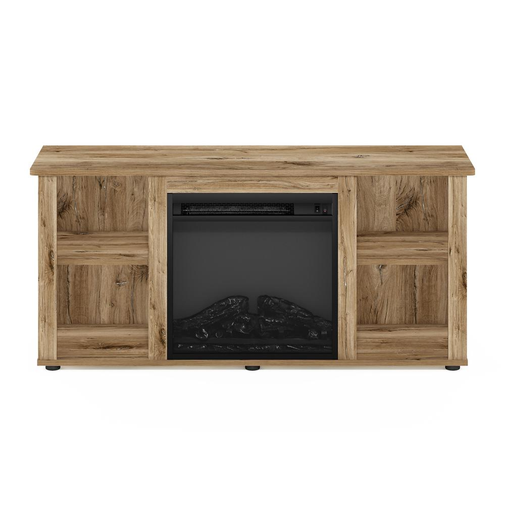 Jensen Entertainment Center TV stand with fireplace in Flagstaff Oak finish, featuring storage cabinets and modern design.