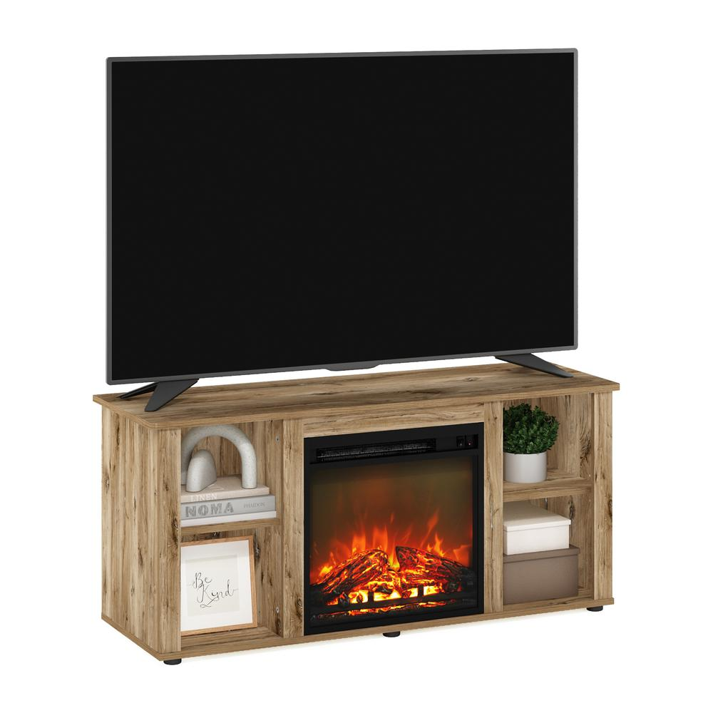 Start2Finish Jensen Entertainment Center TV Stand with Fireplace in Flagstaff Oak, showcasing storage compartments and a cozy electric fireplace.